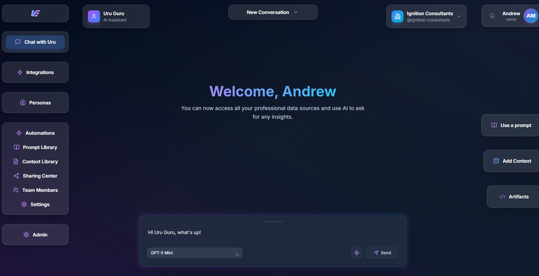 Uru chat interface showing AI teammate assisting with business development tasks