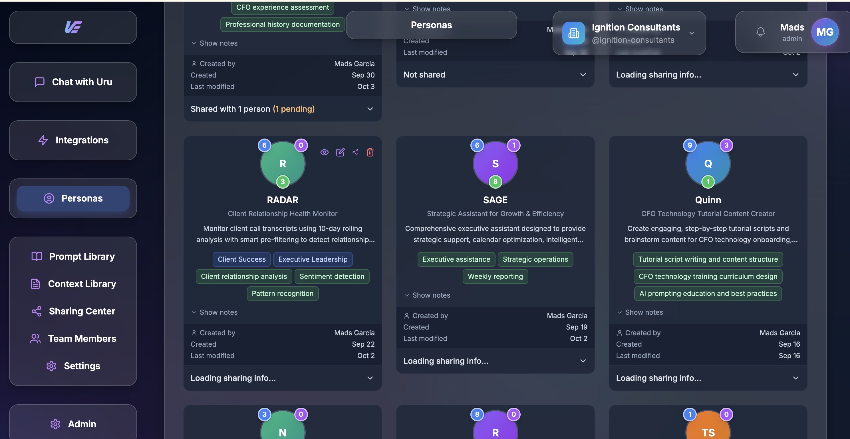 Uru personas dashboard showing AI teammates and their configurations