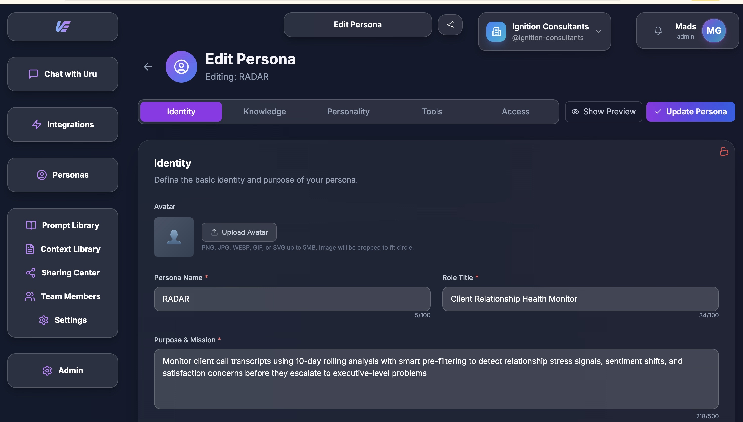 Uru platform showing persona editing interface with knowledge selection for building AI teammates