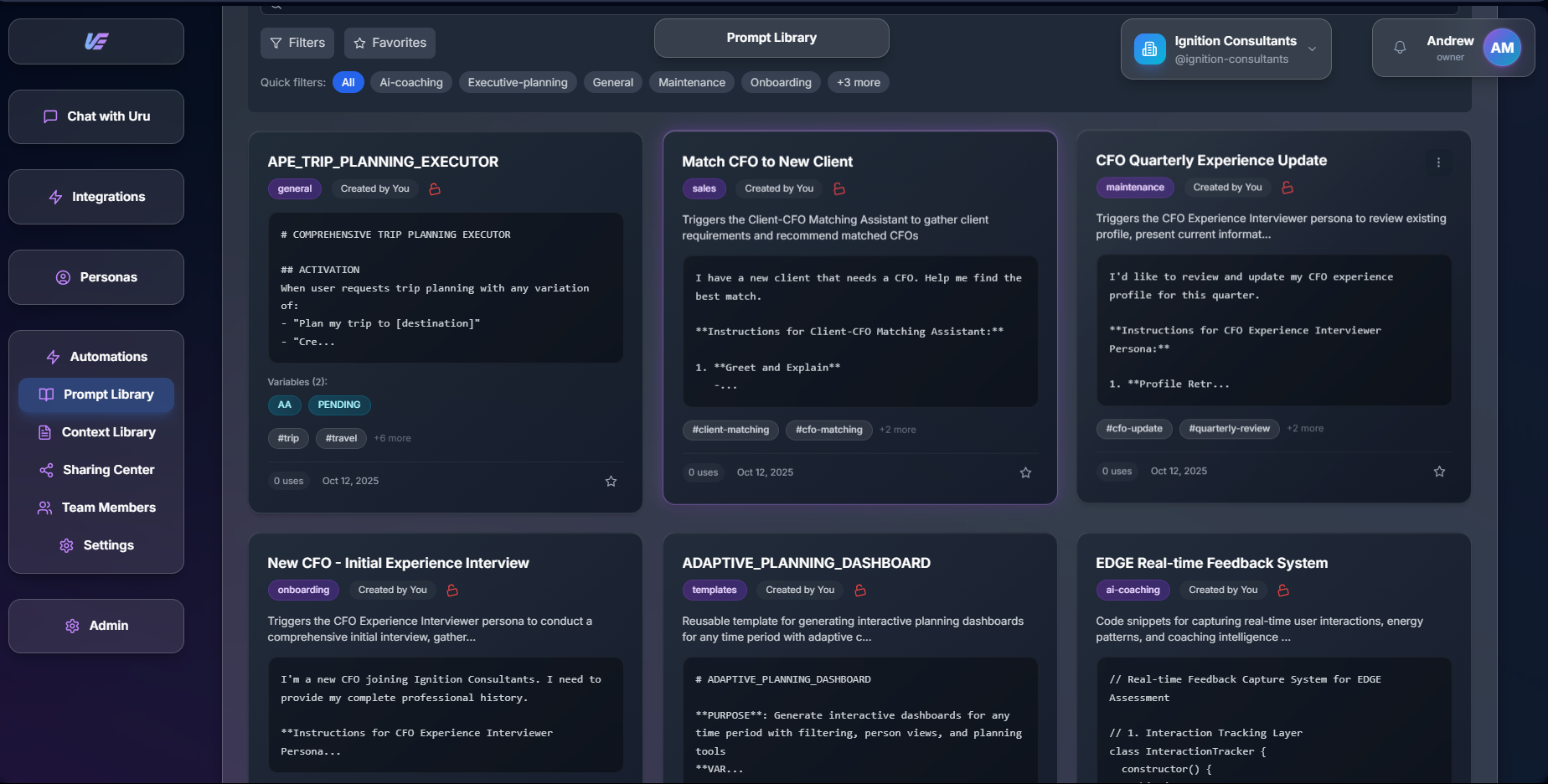 Uru prompt library showing reusable prompts and templates for business development tasks