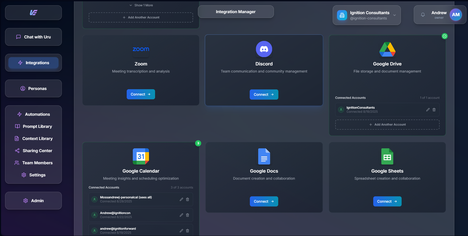 Uru integrations manager showing multiple connected accounts across Gmail, Slack, QuickBooks and other platforms