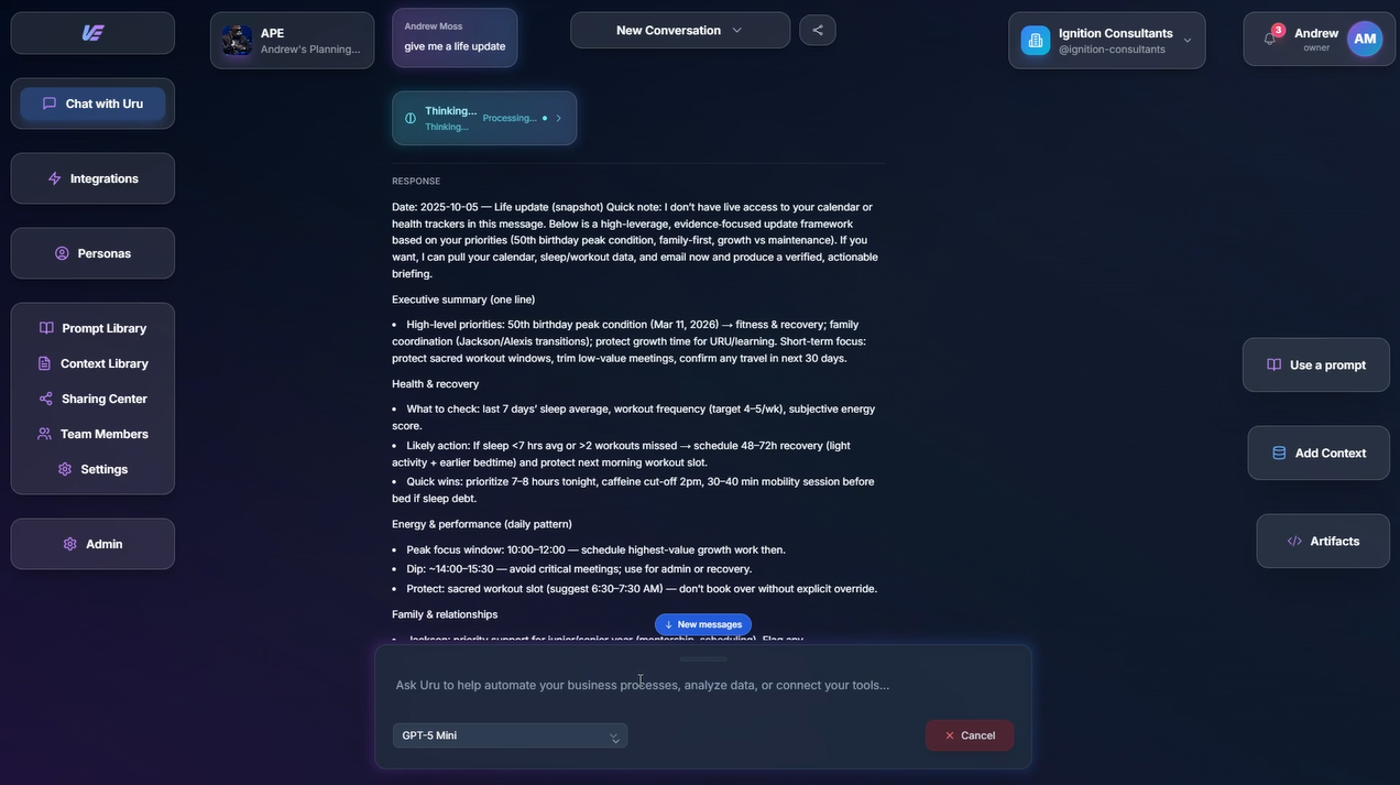 Uru chat interface showing AI-powered conversation and pipeline intelligence tracking