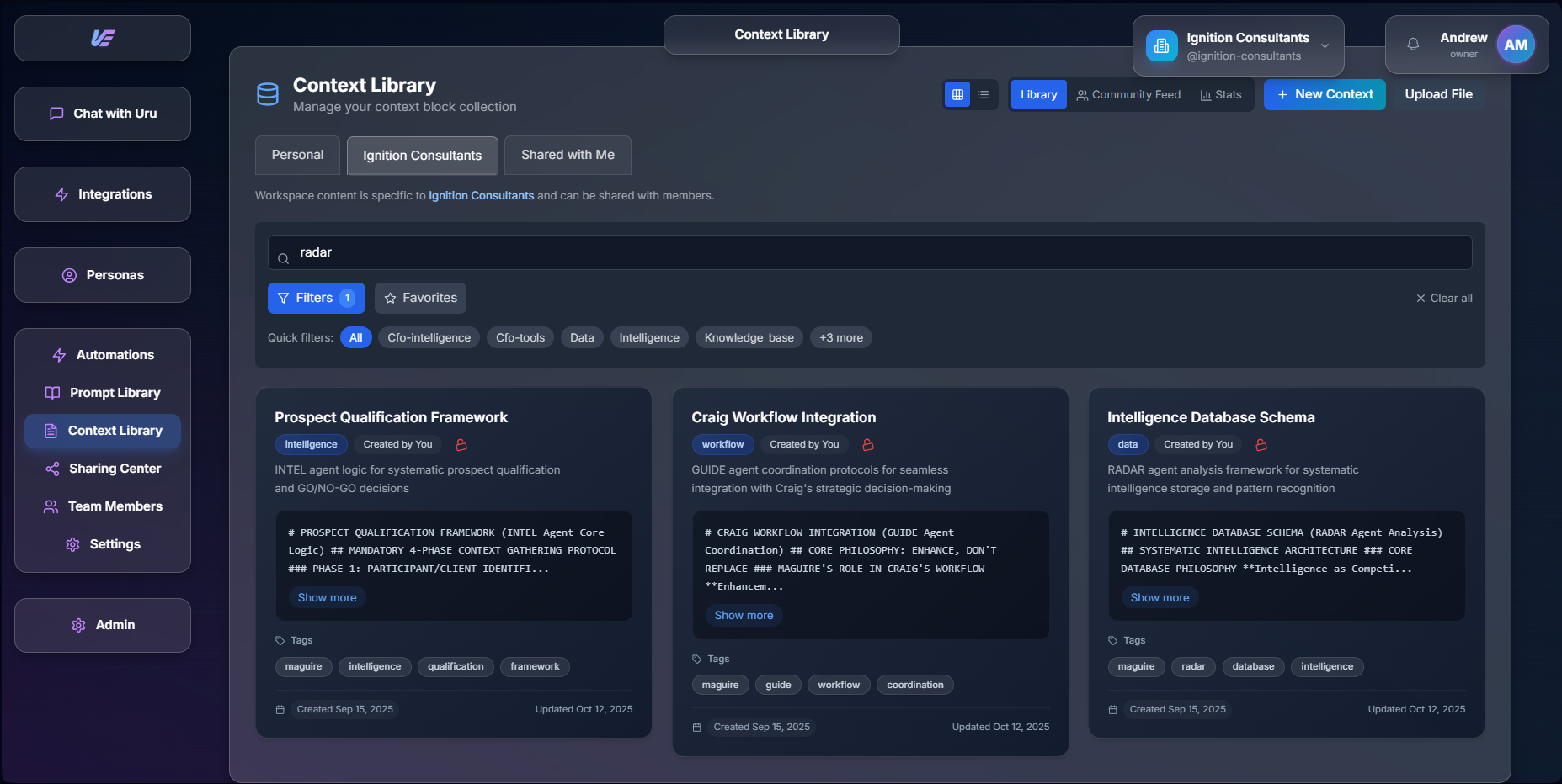 Uru context library showing organized knowledge base and documents for AI teammates
